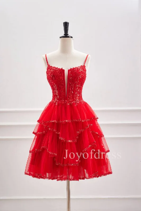 Straps Red Sequin Appliques Ruffle Short Homecoming Dress