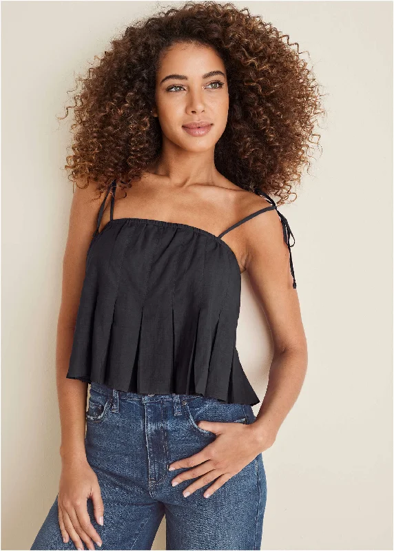 Pleated Tie Sleeve Tank - Black cozy tank top