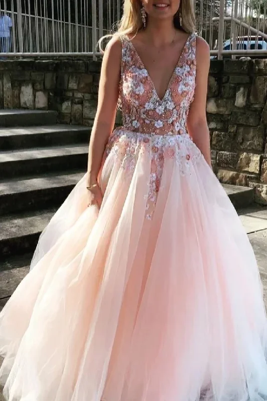 V Neck Sleeveless Tulle Prom Dress With Flowers And Beads