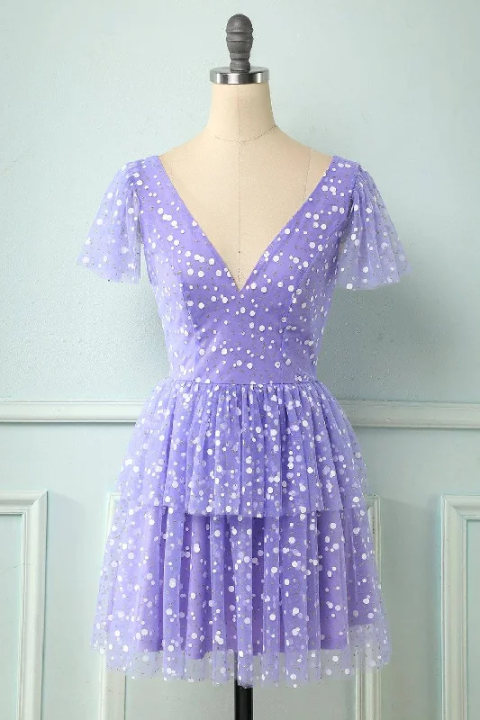 Lilac A-line V Neck Multi-Layers Mini Homecoming Dress with Dot