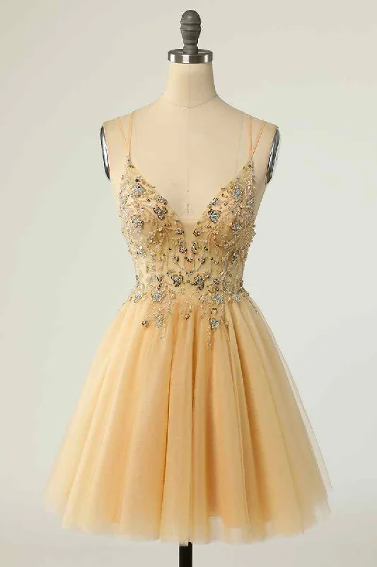 A-line Double Straps Deep V Neck Beading Mini Homecoming Dress