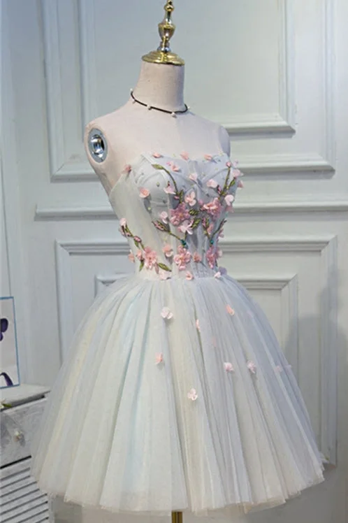 Light Blue Strapless 3D Appliques Tulle Homecoming Dress
