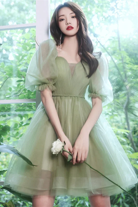 Sage Green Puff Sleeves Tulle Lace-Up Homecoming Dress