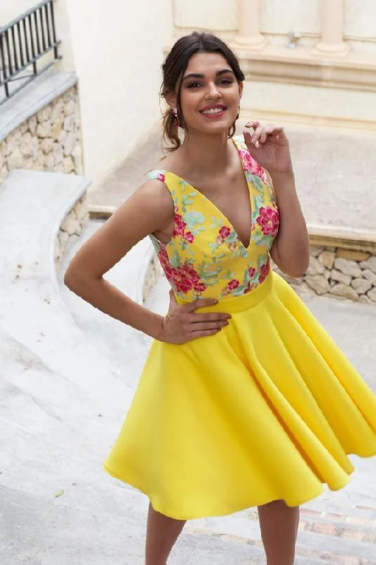 Yellow Floral Satin Illusion Back Daffodil V Neck Homecoming Dresses Short Cocktail Dresses