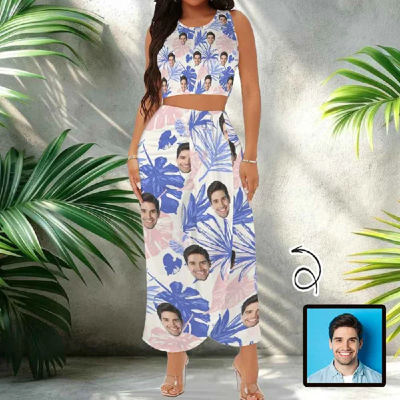 Custom Face Pink Blue Leaves Beach Outfits Dress Personalized Women's Crop Tank Top & High Waist Skirt Sets floral tank top