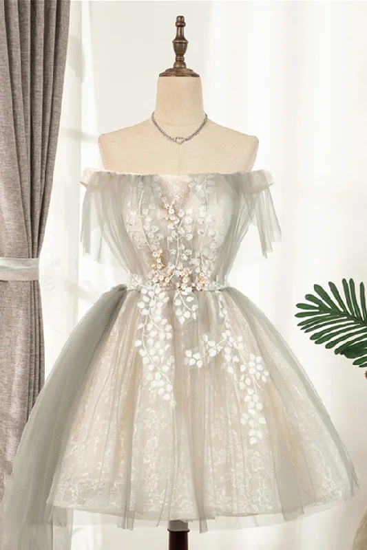 Apricot Flaunt Off-the-Shoulder 3D Appliques Tulle Homecoming Dress