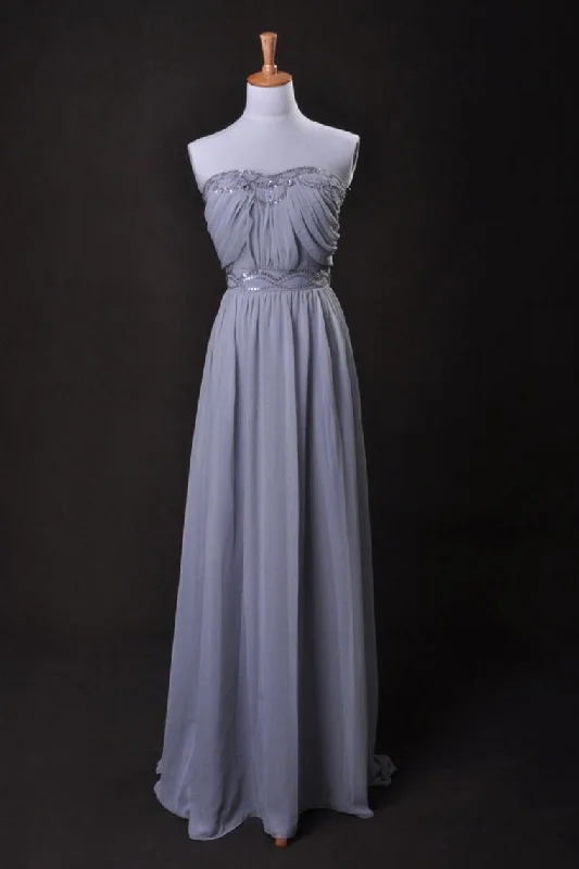 Silver Prom Dress A Line Strapless Floor Length Sweep/Brush Train Chiffon Cz