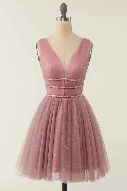 A-line V Neck Sleeveless Beaded Mini Homecoming Dress