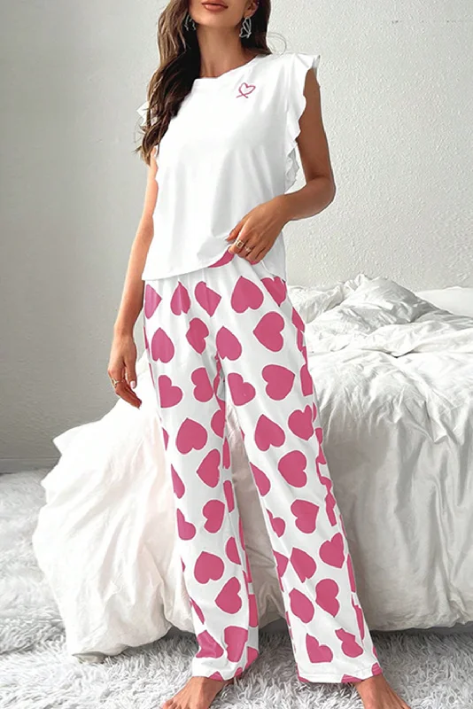 Pink Ruffled Tank Top And Heart Print Pants Lounge Set low neck tank