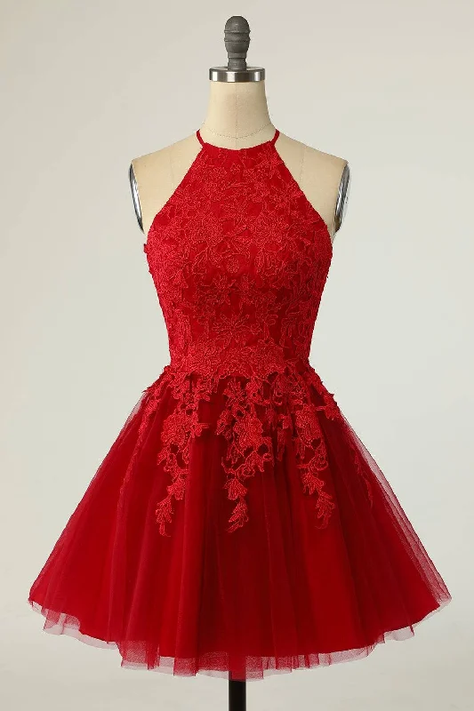 A-line Halter Keyhole Back Applique Mini Homecoming Dress