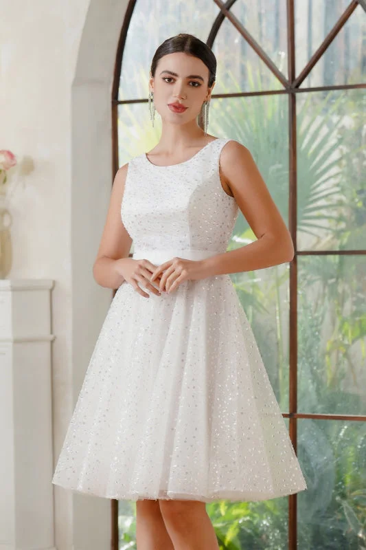 Scoop Neck Sleeveless Ivory Sequins Short Prom Dresses