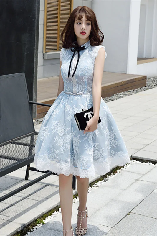 Light Blue Bow Tie High Neck Flutter Sleeves Lace Homecoming Dress