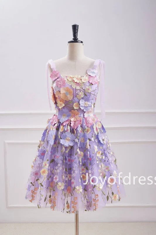 Princess Bow Straps Lavender 3D Flowers Short Homecoming Dress