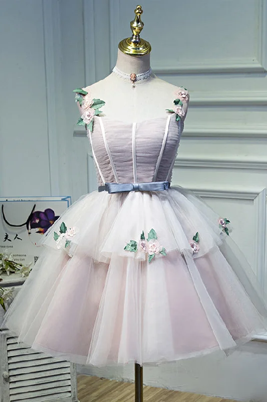 Pink Flower Straps Multi-Layers Appliques Tulle Homecoming Dress