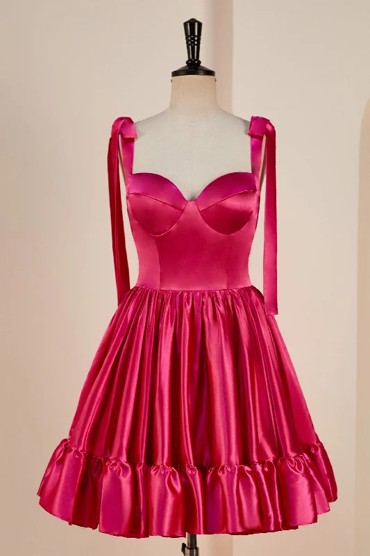 Rose Pink A-line Bow Tie Straps Ruffled Satin Homecoming Dress