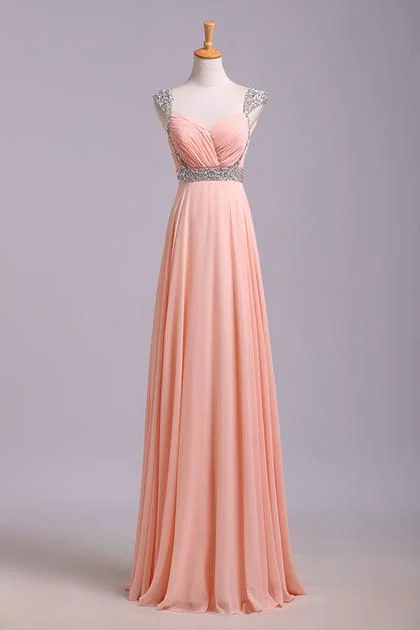 Simple Prom Dresses With Cap Sleeves A-Line V-Neck Floor-Length Chiffon Zipper Back