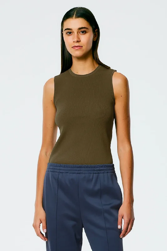 Tibi Giselle Circle Open Back Tank - Wood high neck tank