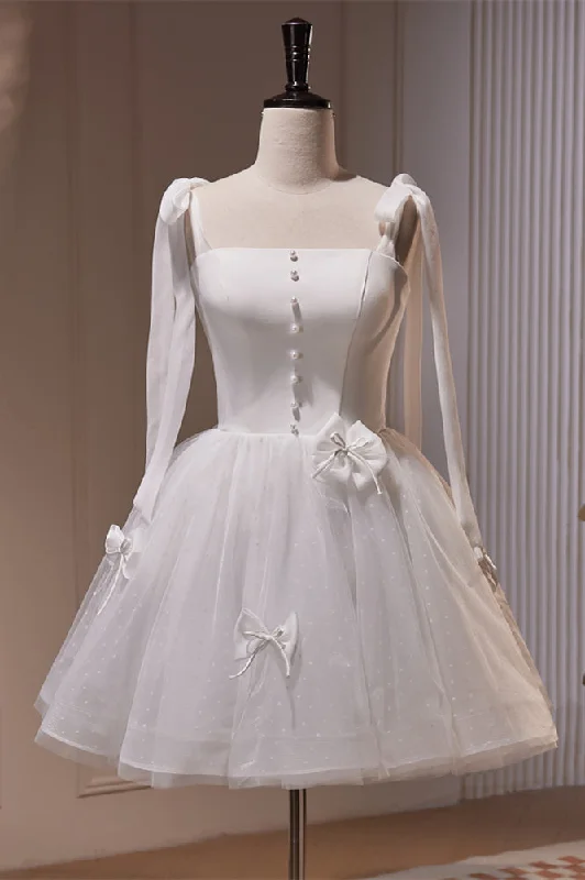 Ivory Bow Tie Shoulder Pearl Bows Tulle Homecoming Dress