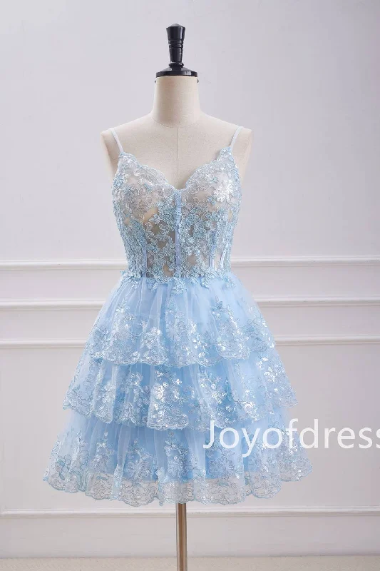 Straps Light Blue Corset Sequin Appliques Ruffle Homecoming Dress