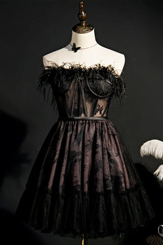 Black Strapless Feathers Prints Ruffle Homecoming Dress