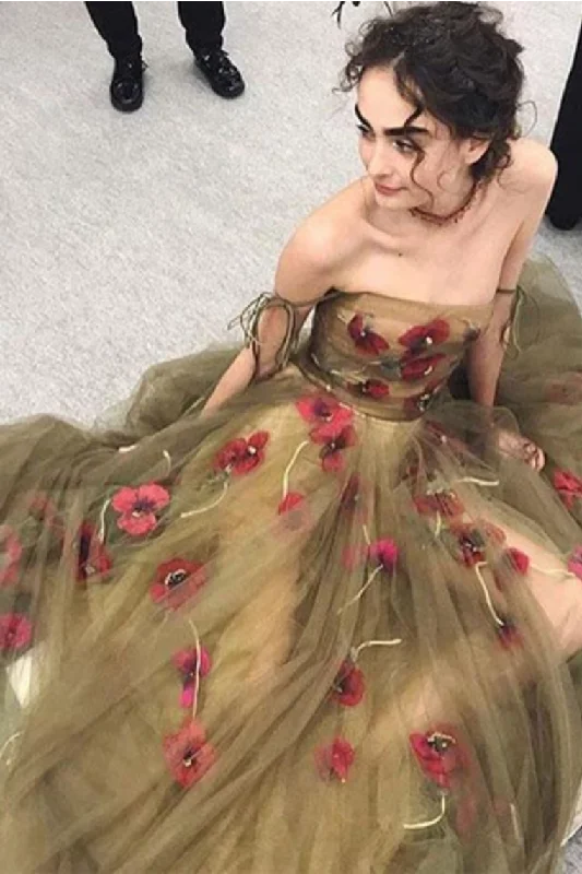Off The Shoulder See-Through Prom Dress With Flowers Tulle