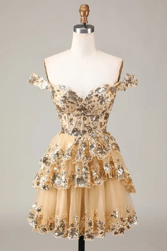 Women Sparkly Golden Homecoming Dress Corset Tiered Cocktail Dress