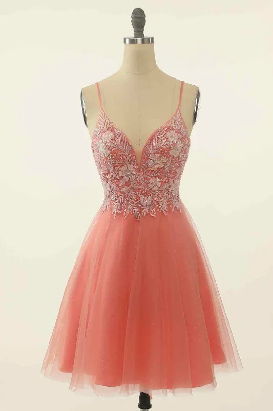 Coral A-line Lace-Up Back Sequins-Embroidered Mini Homecoming Dress