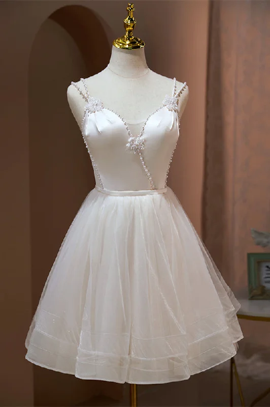 Ivory Double Straps Deep V Beaded Appliques Homecoming Dress