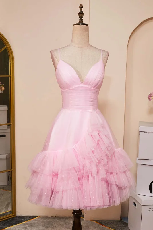 Pink Plunging V Neck Multi-Layers A-line Straps Homecoming Dress