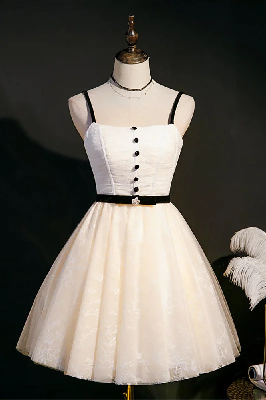 Beige Beaded Bow Tie Buttons Homecoming Dress with Sash