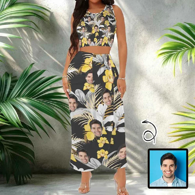 Custom Face Yellow Flowers Beach Outfits Dress Personalized Women's Crop Tank Top & High Waist Skirt Sets boho tank top