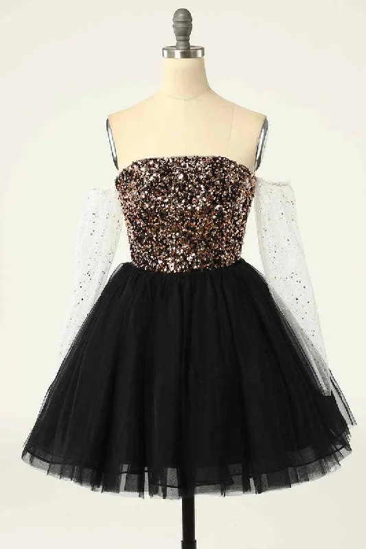Black Off-the-Shoulder A-line Long Sleeves Sequins Mini Homecoming Dress