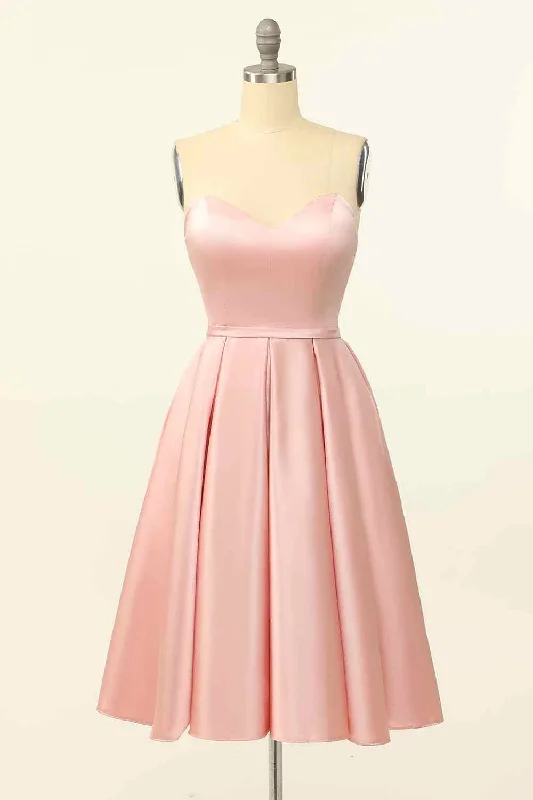 Pink A-line Strapless Satin Lace-Up Back Mini Homecoming Dress