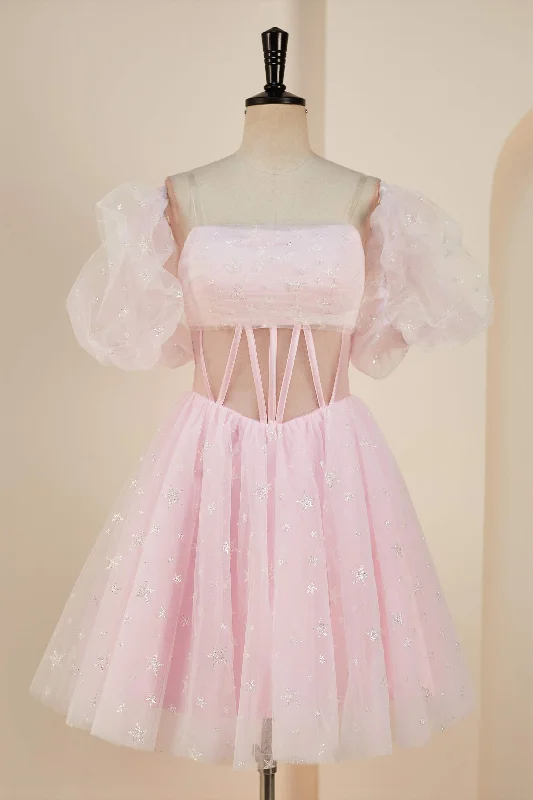 Pink A-line Strapless Homecoming Dress with Detachable Sleeves