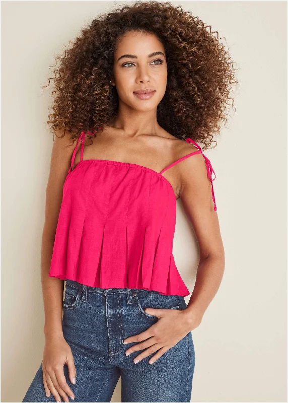 Pleated Tie Sleeve Tank - Dark Pink stylish tank top