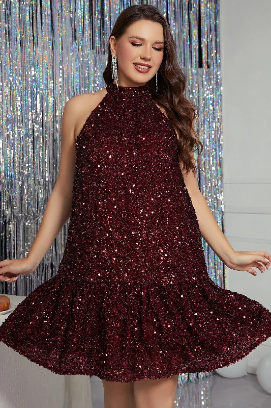 Burgundy Sequins Halter Homecoming Dress