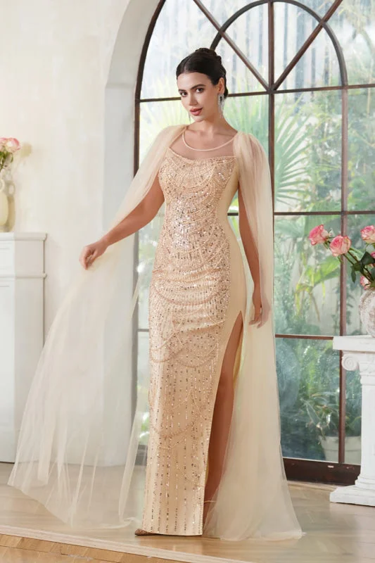 Stunning Mermaid Scoop Neck Sleeveless Side Slit Beadings Prom Dresses with Cape