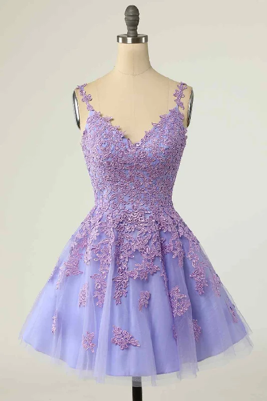 A-line V Neck Lace-Up Applique Mini Homecoming Dress