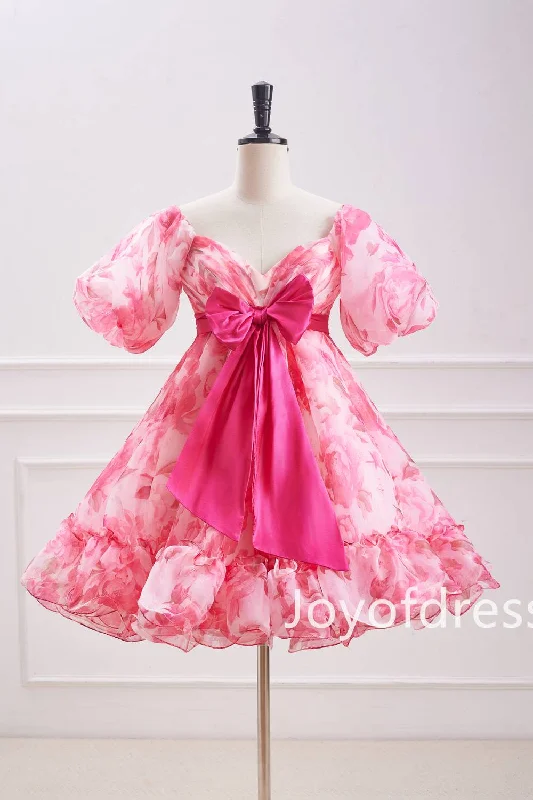 Pink Puff Sleeves Floral Ruffle Short Homecoming Dress with Bow