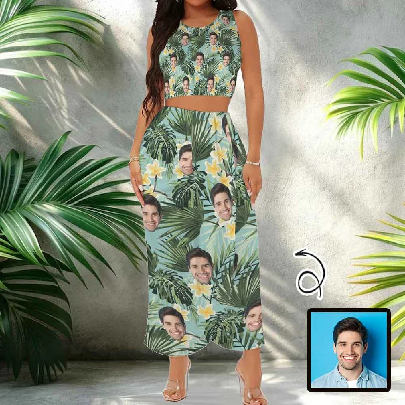 Custom Face Green Leaves Beach Outfits Dress Personalized Women's Crop Tank Top & High Waist Skirt Sets lace back tank