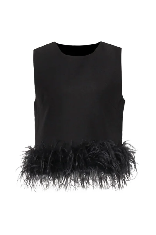 Luxury Crew Neck Imitated Feather Trim Summer Crepe Crop Tank Top cherry red tank