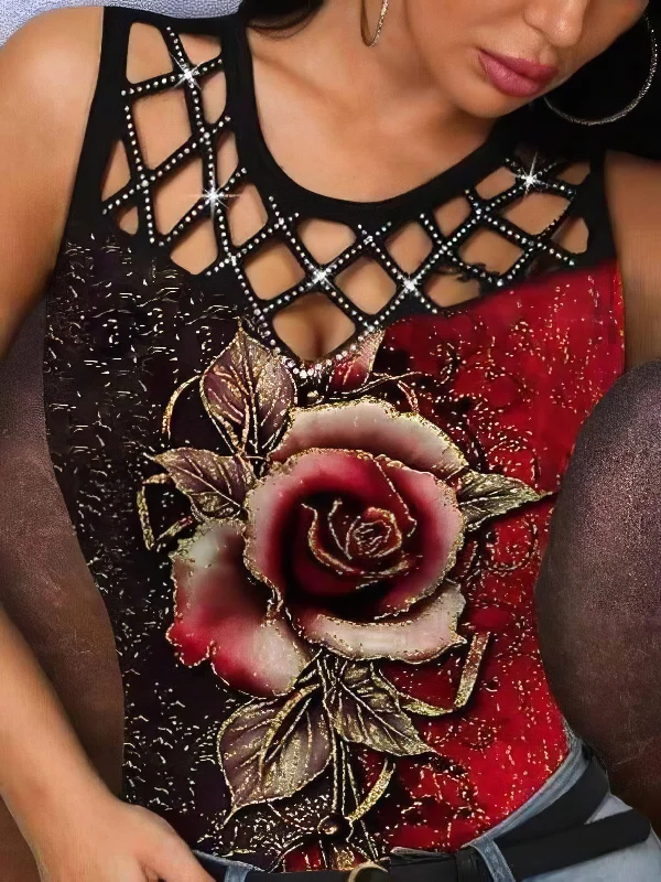 3D Rose Flower Printed Tank Top with Hollow Design cold shoulder tank