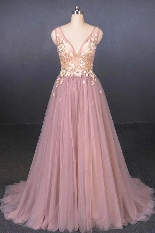 V Neck Sleeveless Tulle Prom Dress With Appliques, A Line Tulle Evening Dress