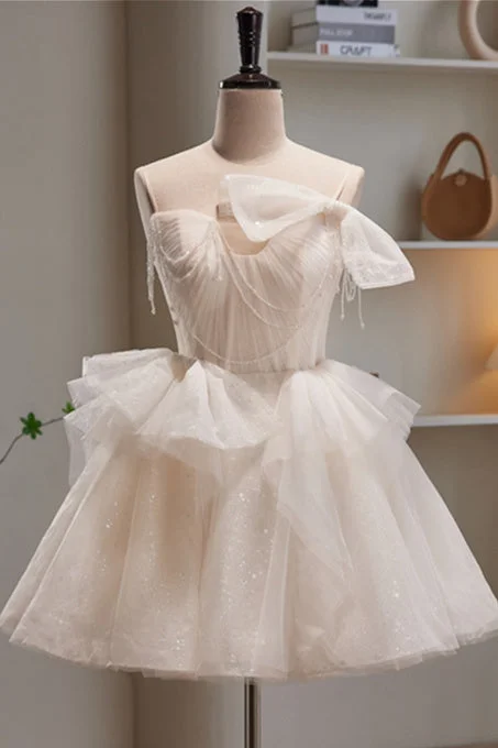 Ivory Straps Beading Bow Ruffle Pleated Homecoming Dress