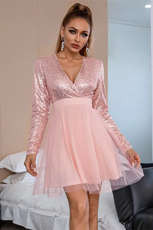 Pink Sequins Surplice Long Sleeves Tulle Homecoming Dress