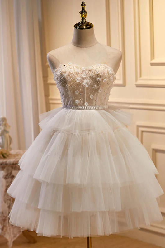 Champagne Strapless Beaded Appliques Multi-Layers Homecoming Dress