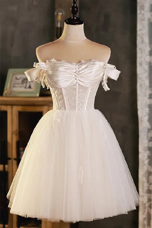 Champagne Off-the-Shoulder Lace Beaded Pleated Homecoming Dress
