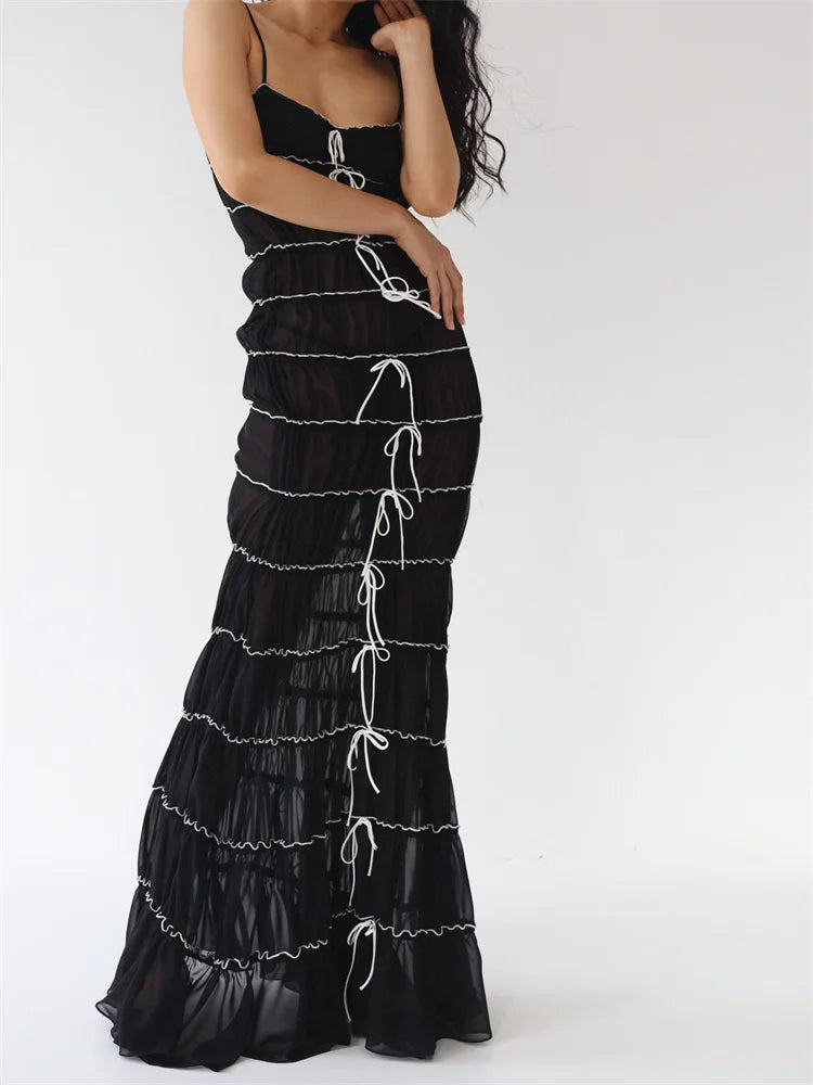 Znbbw Lace up Bow Ruffles Spaghetti Strap Long Dress y2k Grunge Tank tops Woman Cake Robe Vest Boho Beachwear Vestidos 2023 solid color tank