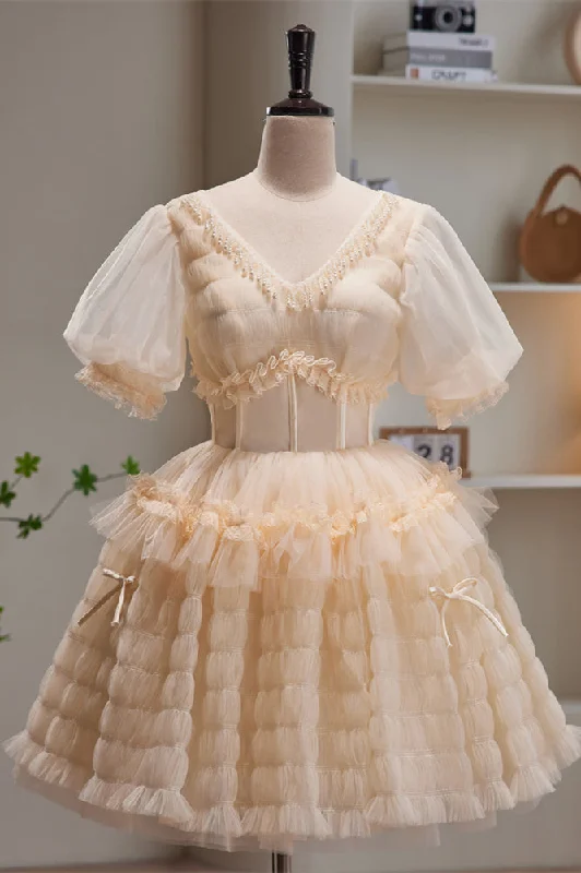 Champagne V Neck Puff Sleeves Beaded Ruffles Homecoming Dress