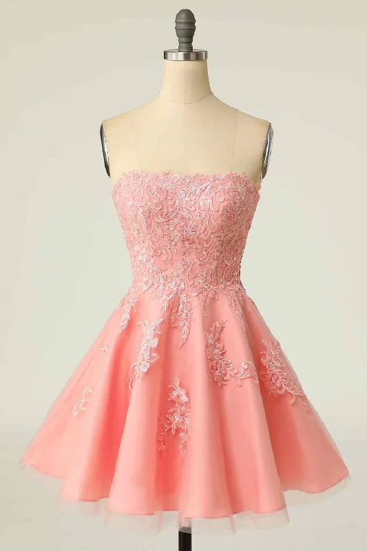 Pink A-line Strapless Lace-Up Back Applique Tulle Mini Homecoming Dress